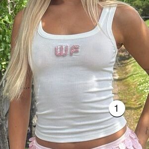 White fox  Ribbed Tank Top with Pink Embroidery